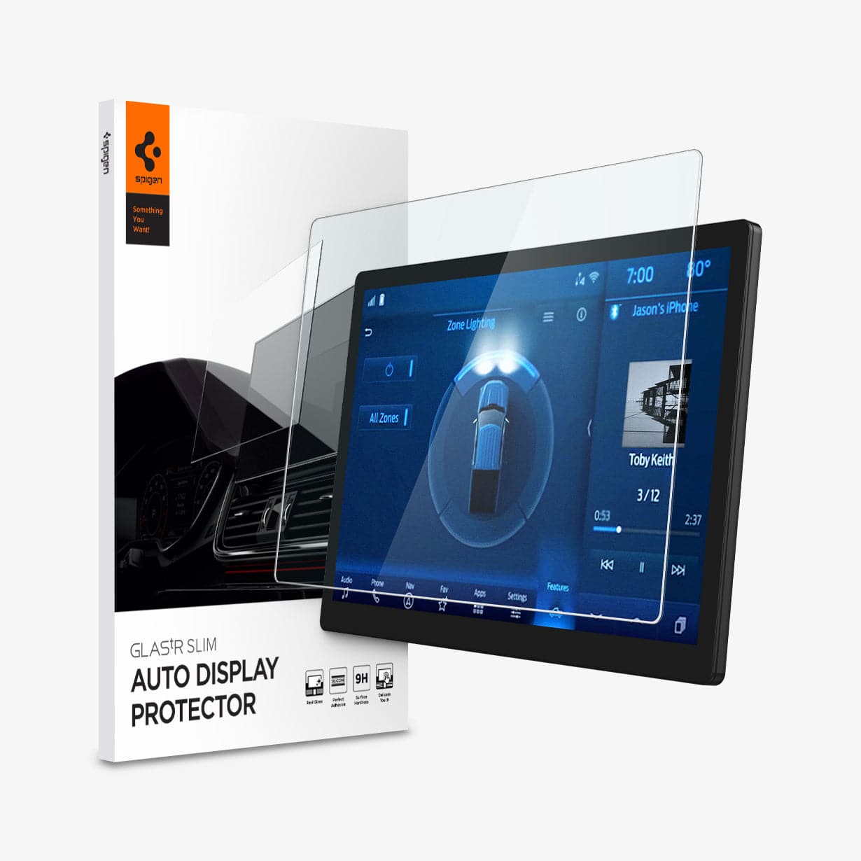 AGL04043 - Ford 150 12" Screen Protector GLAS.tR SLIM Anti-Glare showing the touch screen display, screen protector and packaging