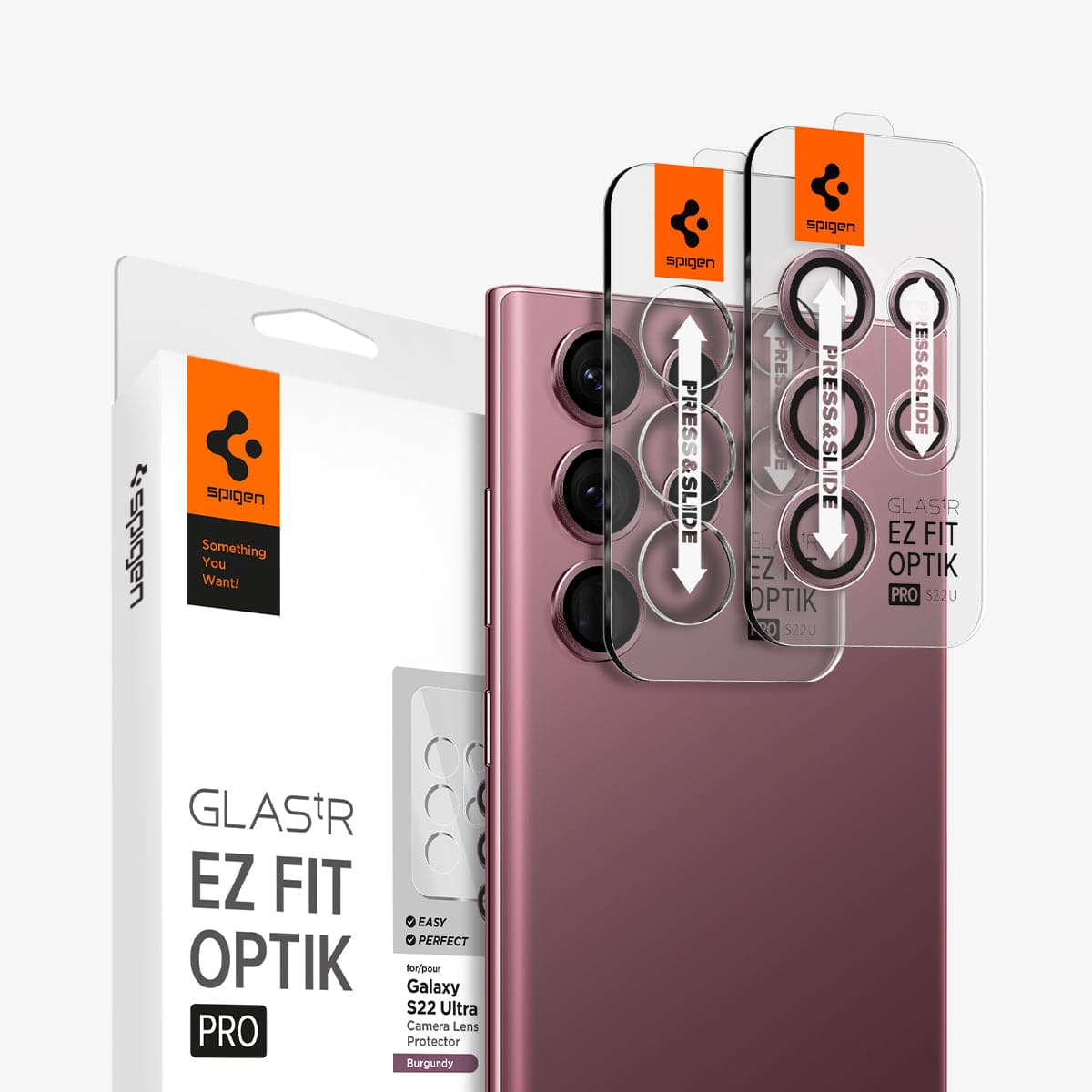 AGL04752 - Galaxy S22 Ultra EZ Fit Optik Pro Lens Protector Glass.tR in burgundy showing the device, two ez fit lens protectors and packaging