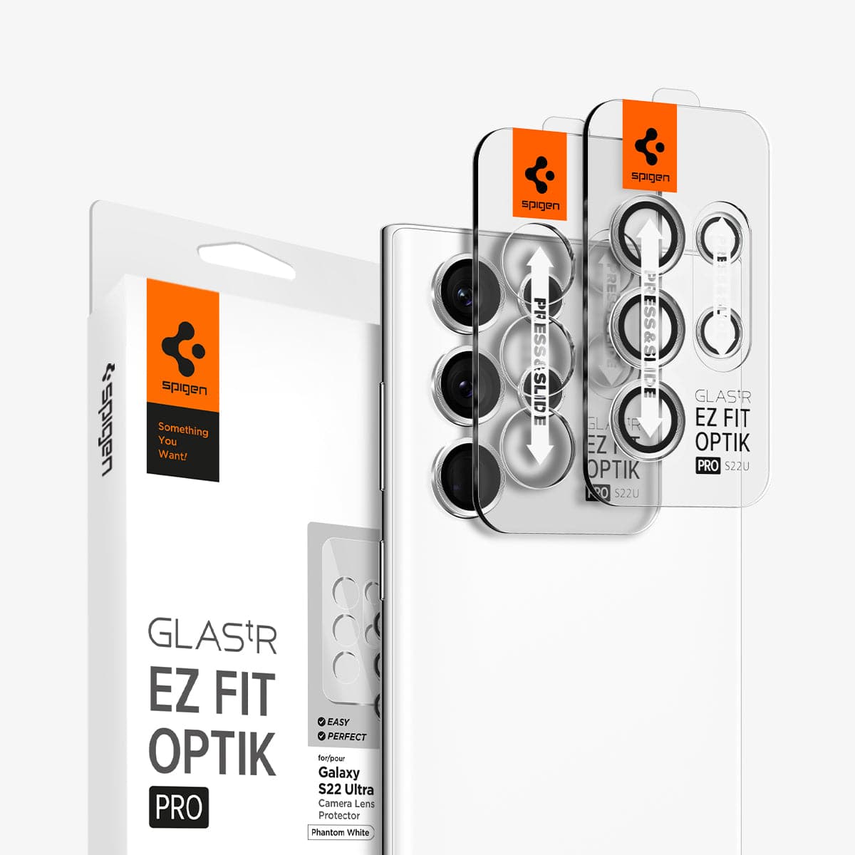 AGL04753 - Galaxy S22 Ultra EZ Fit Optik Pro Lens Protector Glass.tR in phantom white showing the device, two ez fit lens protectors and packaging