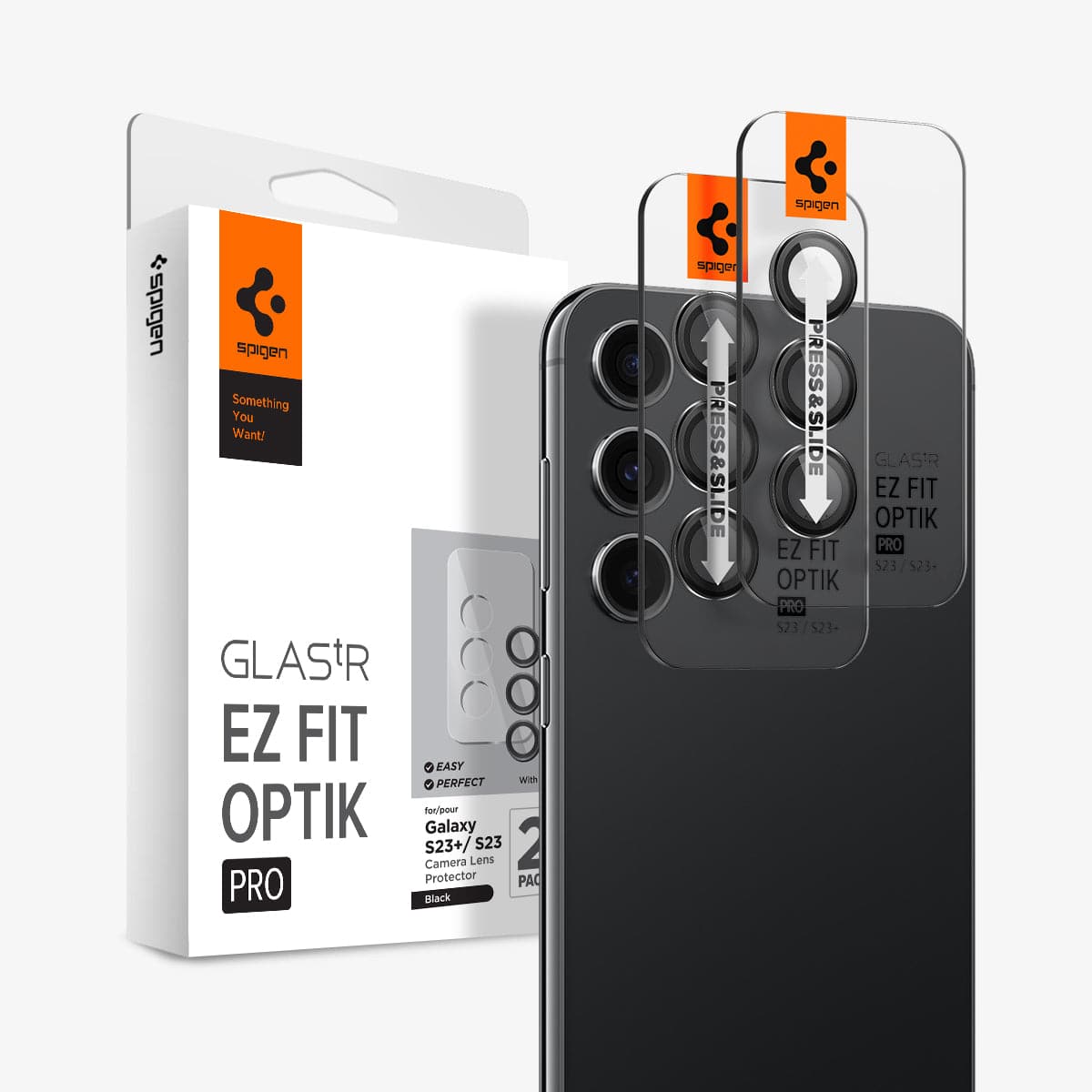 AGL05962 - Galaxy S23 Plus / S23 EZ Fit Optik Pro Lens Protector in black showing the device, two lens protectors and packaging