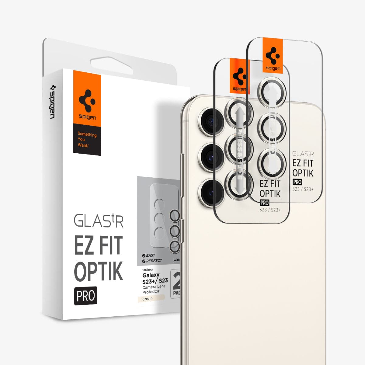 AGL06169 - Galaxy S23 Plus / S23 EZ Fit Optik Pro Lens Protector in cream showing the device, two lens protectors and packaging