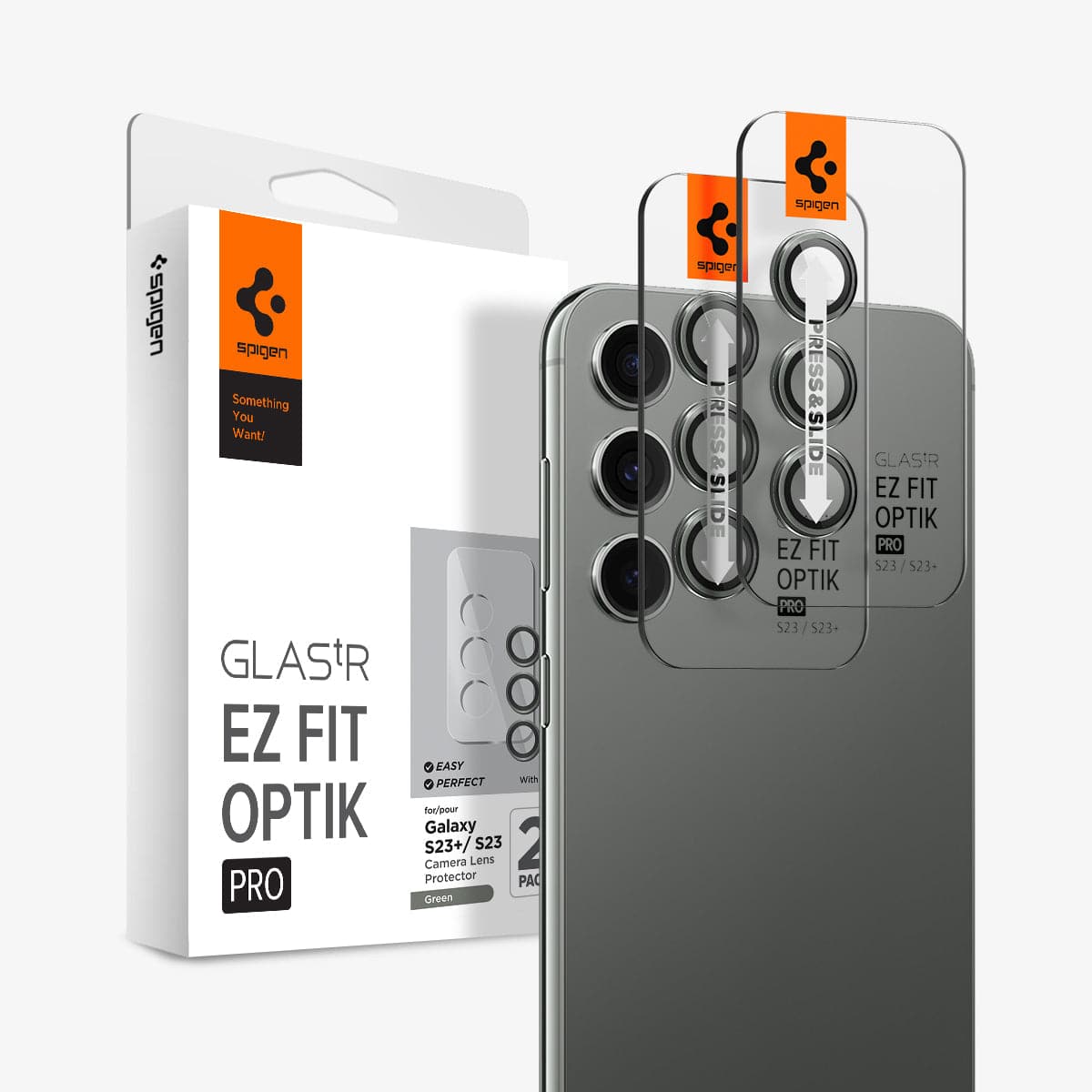 AGL06170 - Galaxy S23 Plus / S23 EZ Fit Optik Pro Lens Protector in green showing the device, two lens protectors and packaging