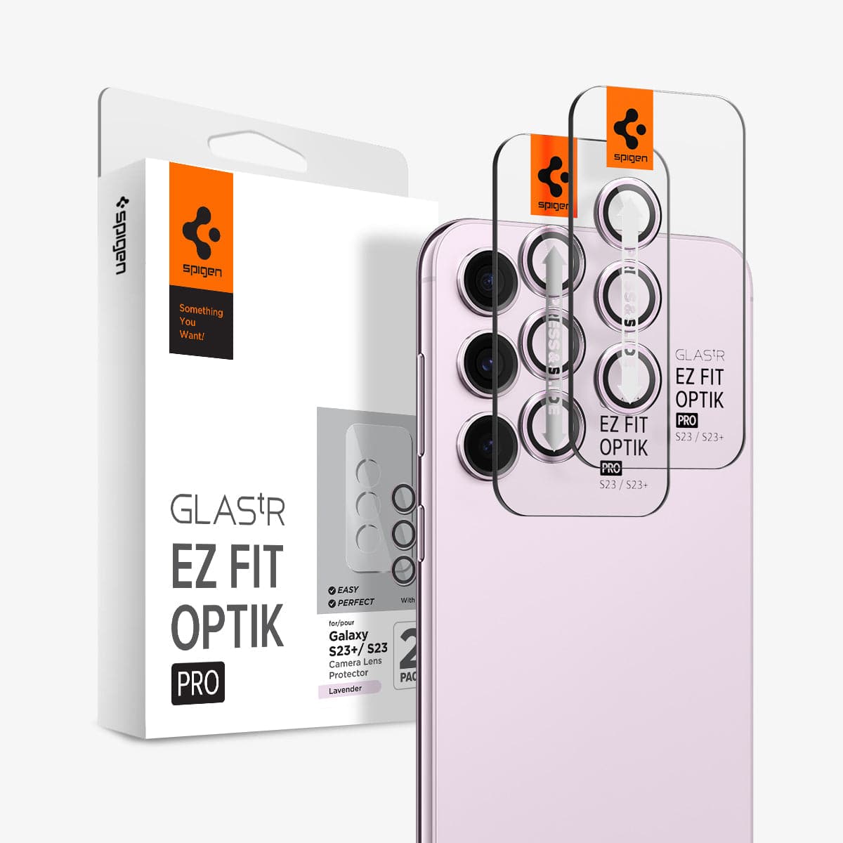 AGL06171 - Galaxy S23 Plus / S23 EZ Fit Optik Pro Lens Protector in lavender showing the device, two lens protectors and packaging