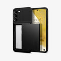 ACS03961 - Galaxy S22 Plus 5G Case Slim Armor CS in black showing the front and back with card slot open and card in slot