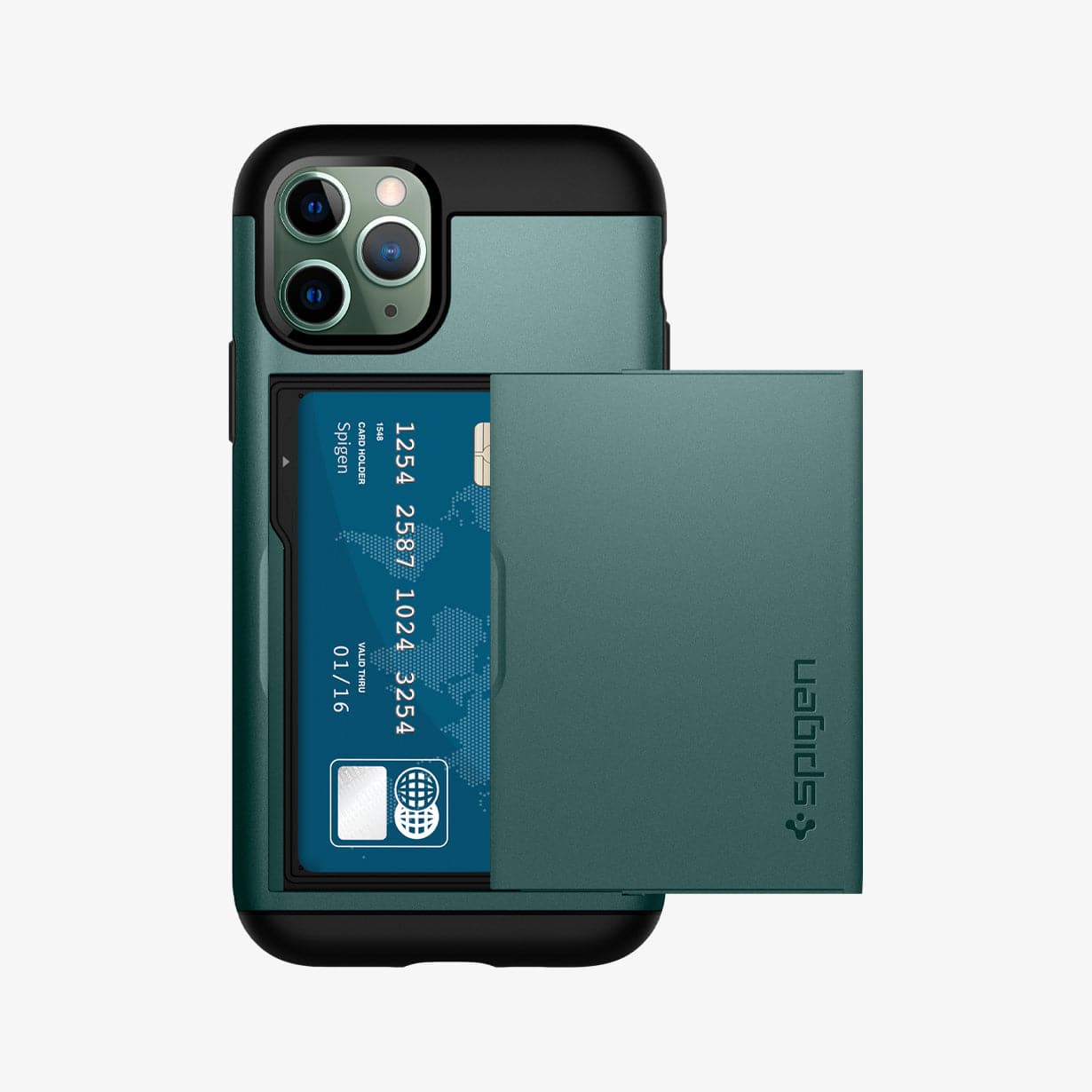 ACS00419 - iPhone 11 Pro Case Slim Armor CS in midnight green showing the back with card in slot