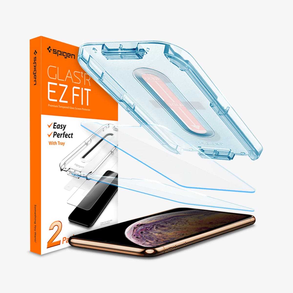 065GL25359 - iPhone XS Max Screen Protector GLAS.tR EZ Fit showing the device, ez fit tray, two screen protectors and packaging