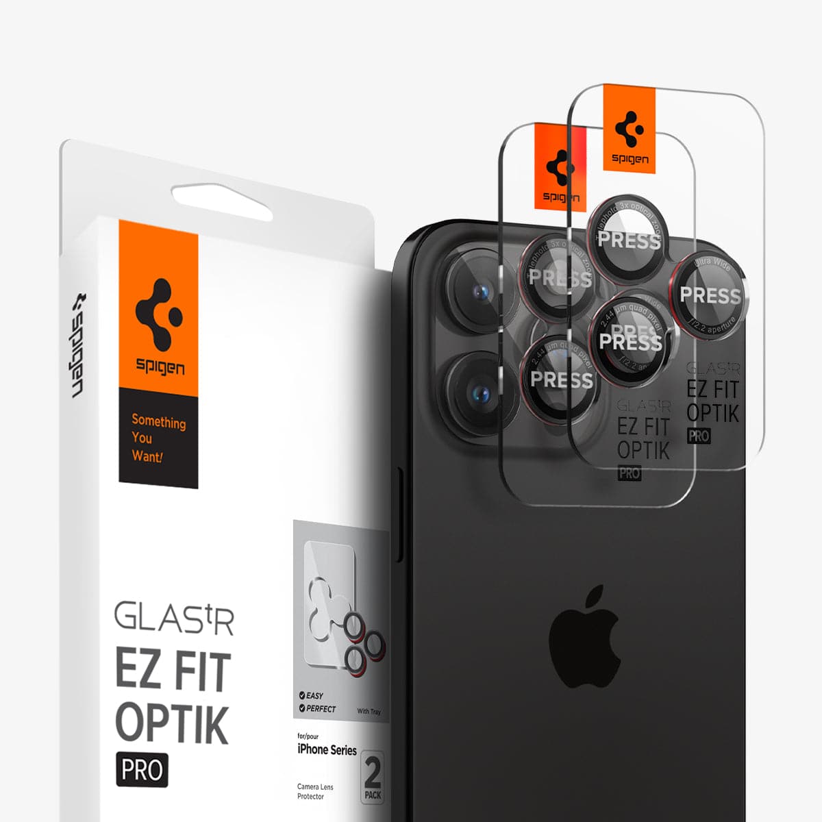 AGL05217 - iPhone 15 Pro / 15 Pro Max Optik Pro Lens Protector L-series showing the device, two lens protector ez fit trays and packaging