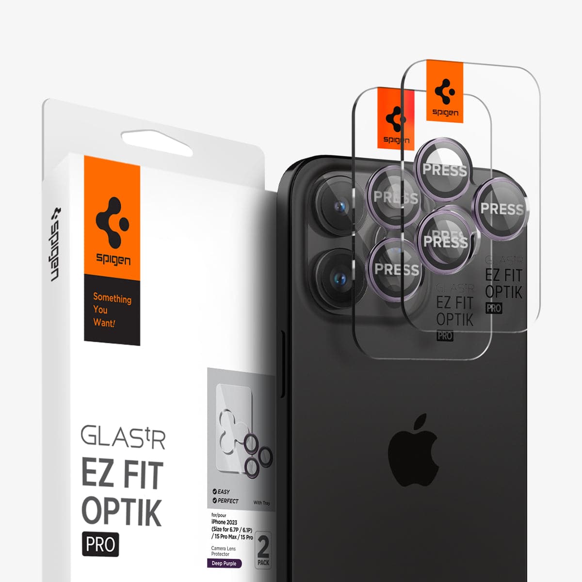 AGL05597 - iPhone 15 Pro / 15 Pro Max Optik Pro Lens Protector in deep purple showing the device, two lens protectors and packaging