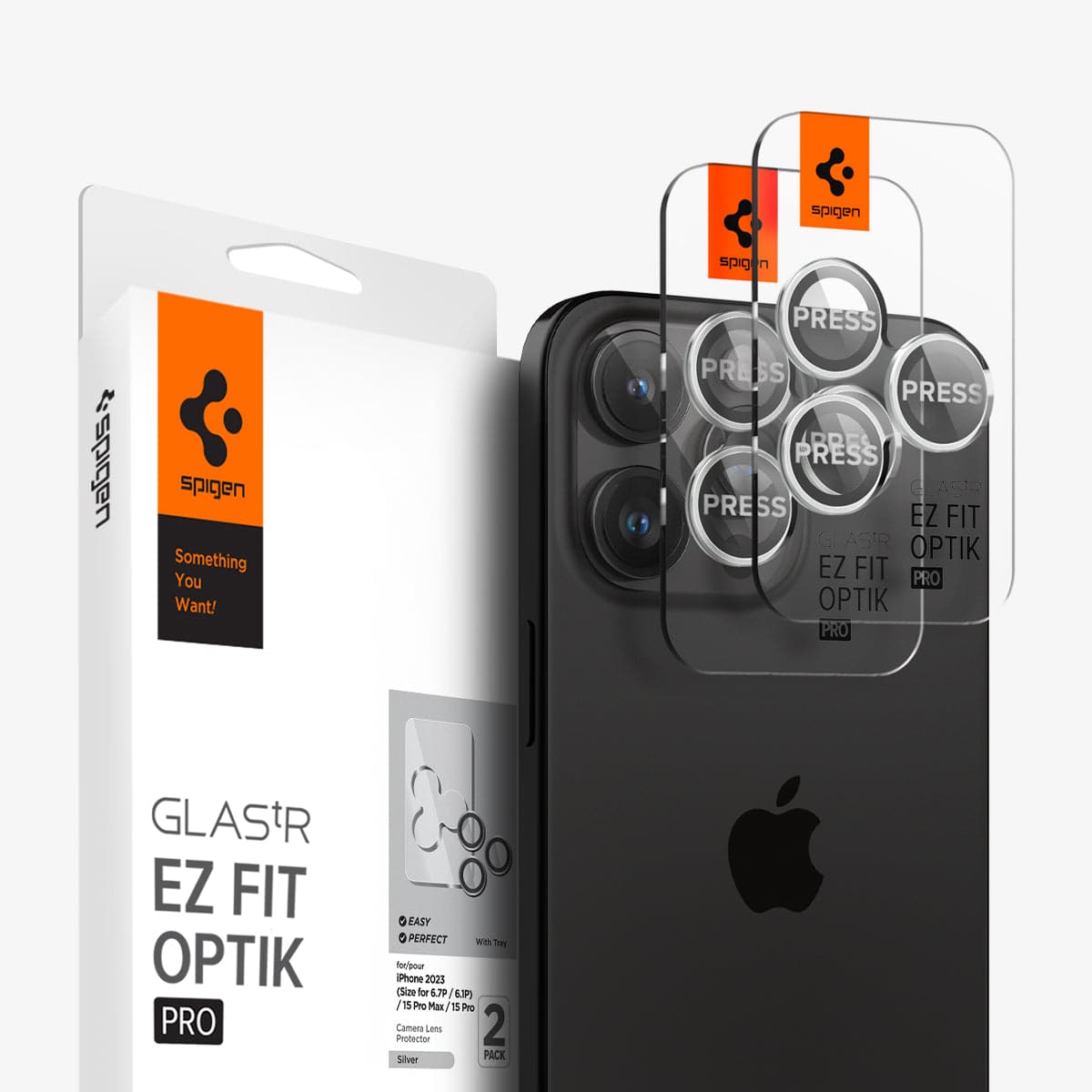 AGL05599 - iPhone 15 Pro / 15 Pro Max Optik Pro Lens Protector in silver showing the device, two lens protectors and packaging