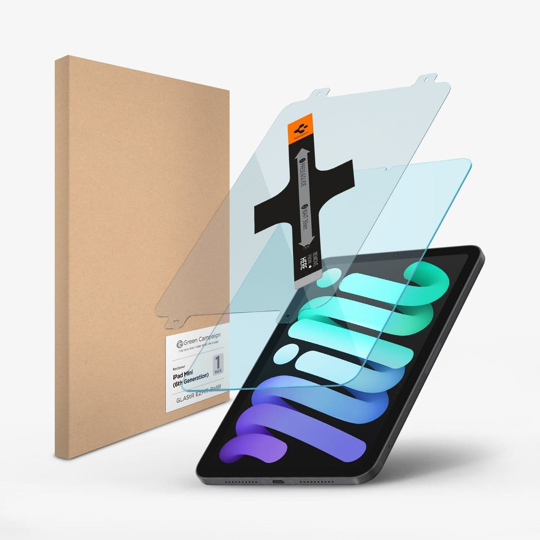AGL04513 - iPad Mini 6 Screen Protector EZ FIT GLAS.tR Refill showing the device, screen protector and packaging