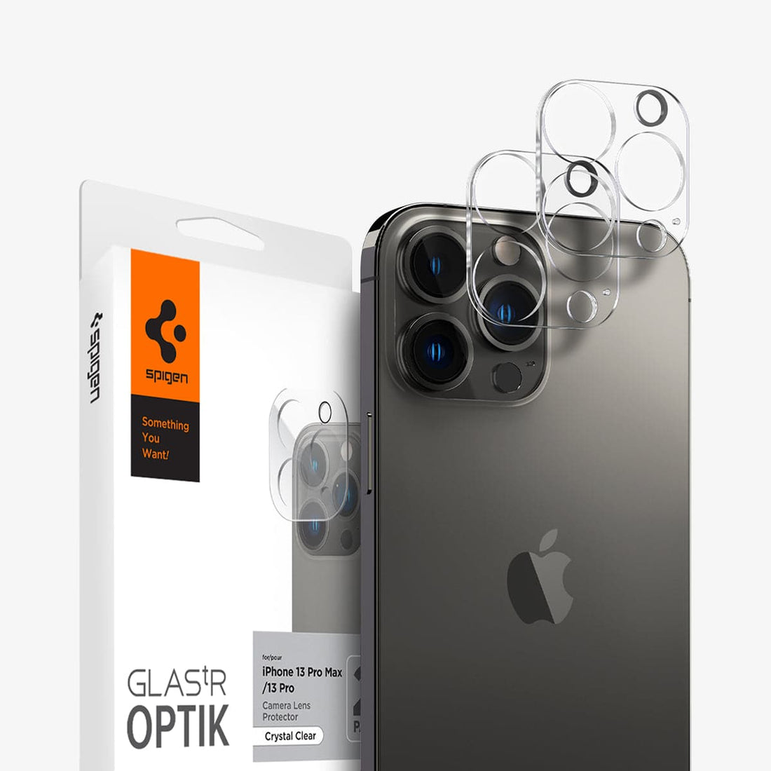 AGL04104 - iPhone 13 Pro Max / iPhone 13 Pro Optik Lens Protector in crystal clear showing the packaging, device and two lens protectors