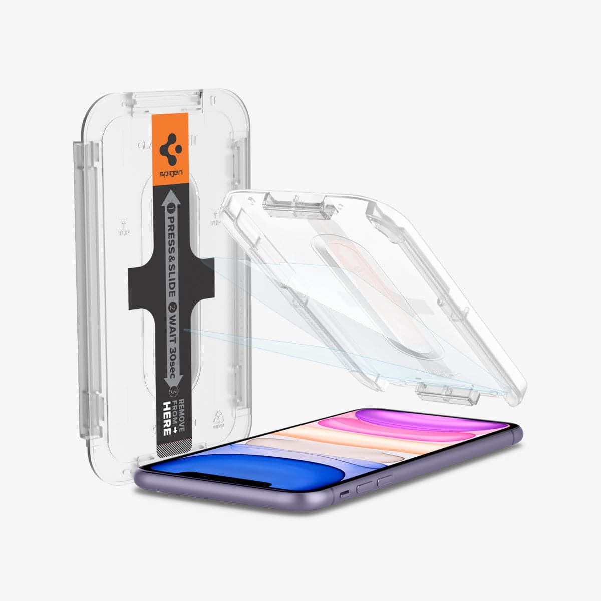 064GL25166 - iPhone 11 Screen Protector GLAS.tR EZ Fit showing the device, ez fit tray and two screen protectors