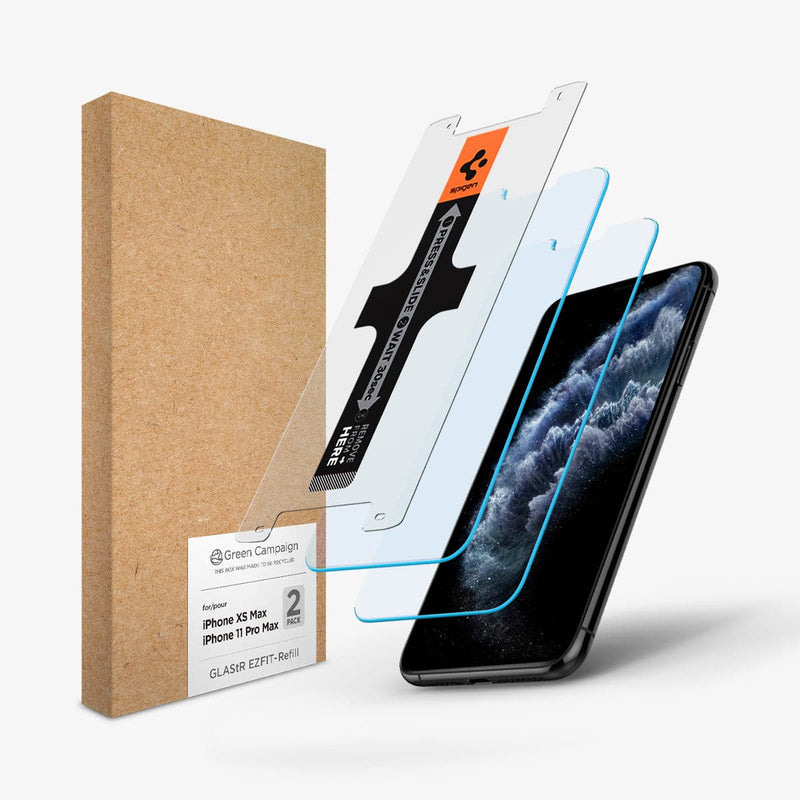 AGL04463 - iPhone XS Max Screen Protector GLAS.tR EZ Fit Refill showing the device, two screen protectors and packaging