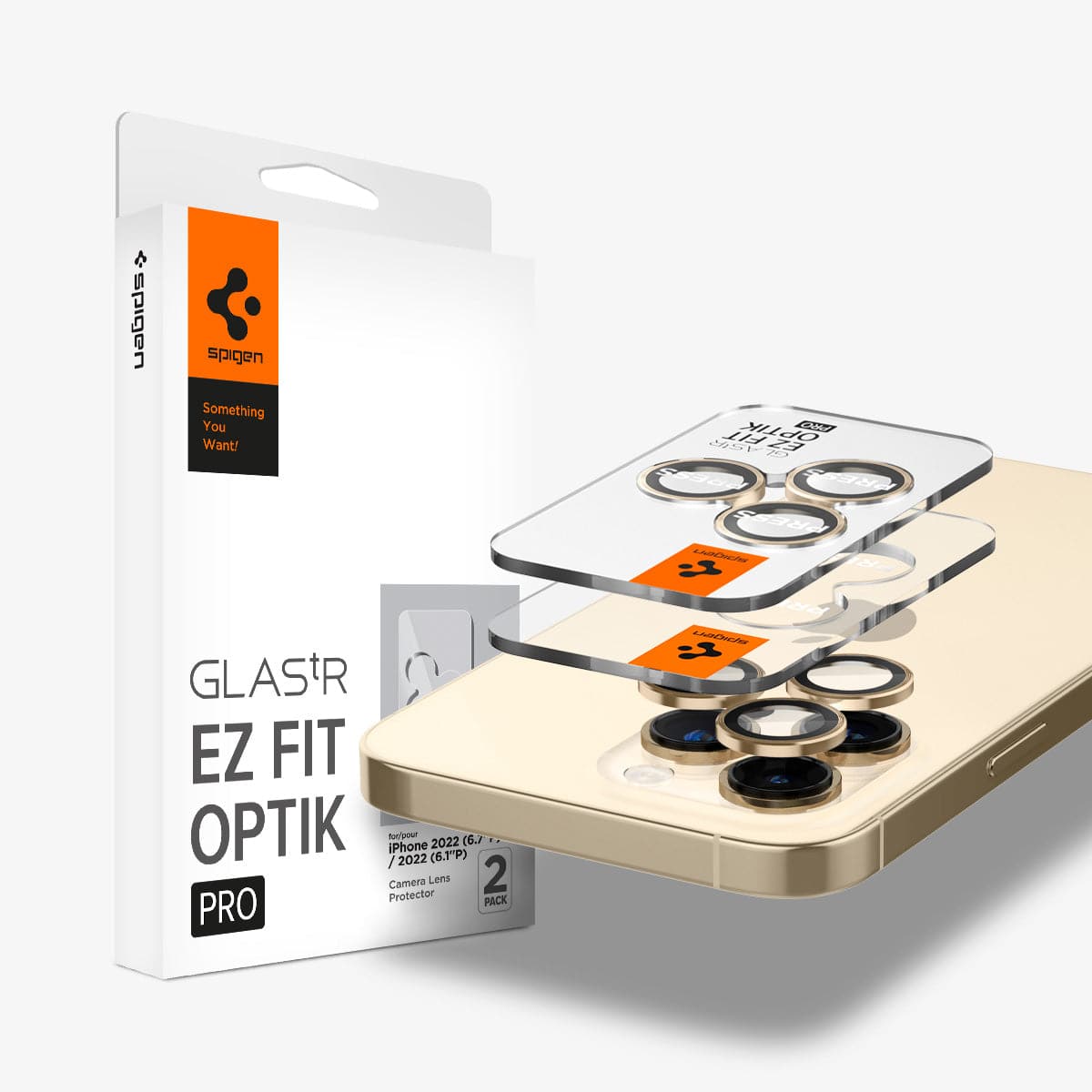 AGL05598 - iPhone 14 Pro / 14 Pro Max Optik Pro Lens Protector in gold showing the device, two optik pro lens protectors and packaging