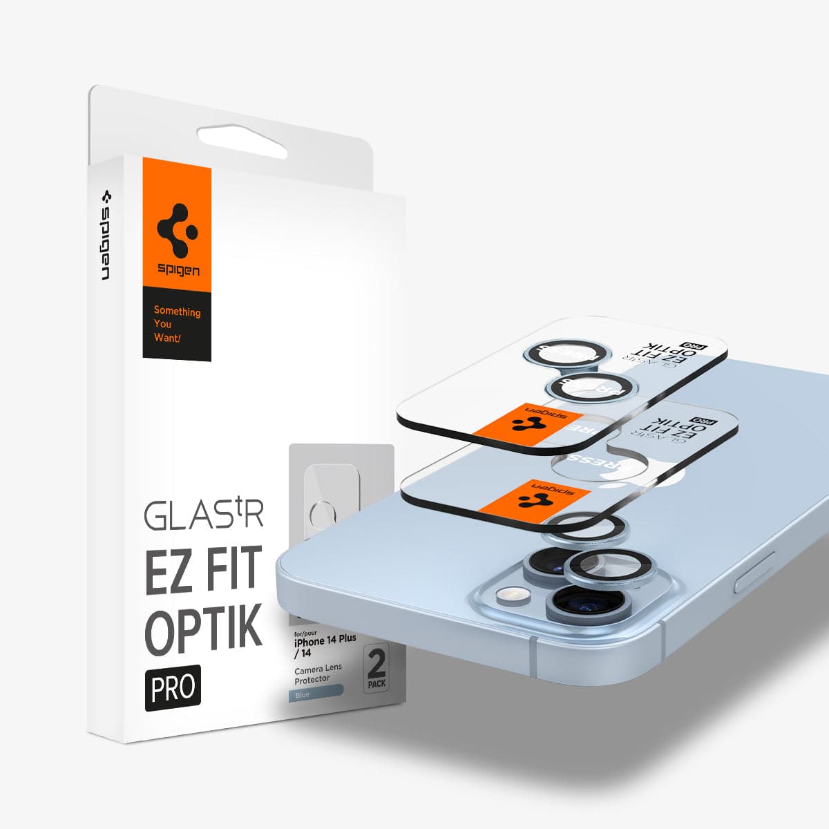 AGL05602 - iPhone 14 / 14 Plus Optik Pro Lens Protector in blue showing the device, two optik pro lens protectors and packaging