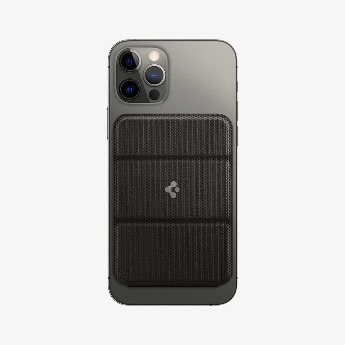 AMP02766 - MagSafe Card Holder Smart Fold Wallet (MagFit) in gunmetal showing the wallet attached to back of device