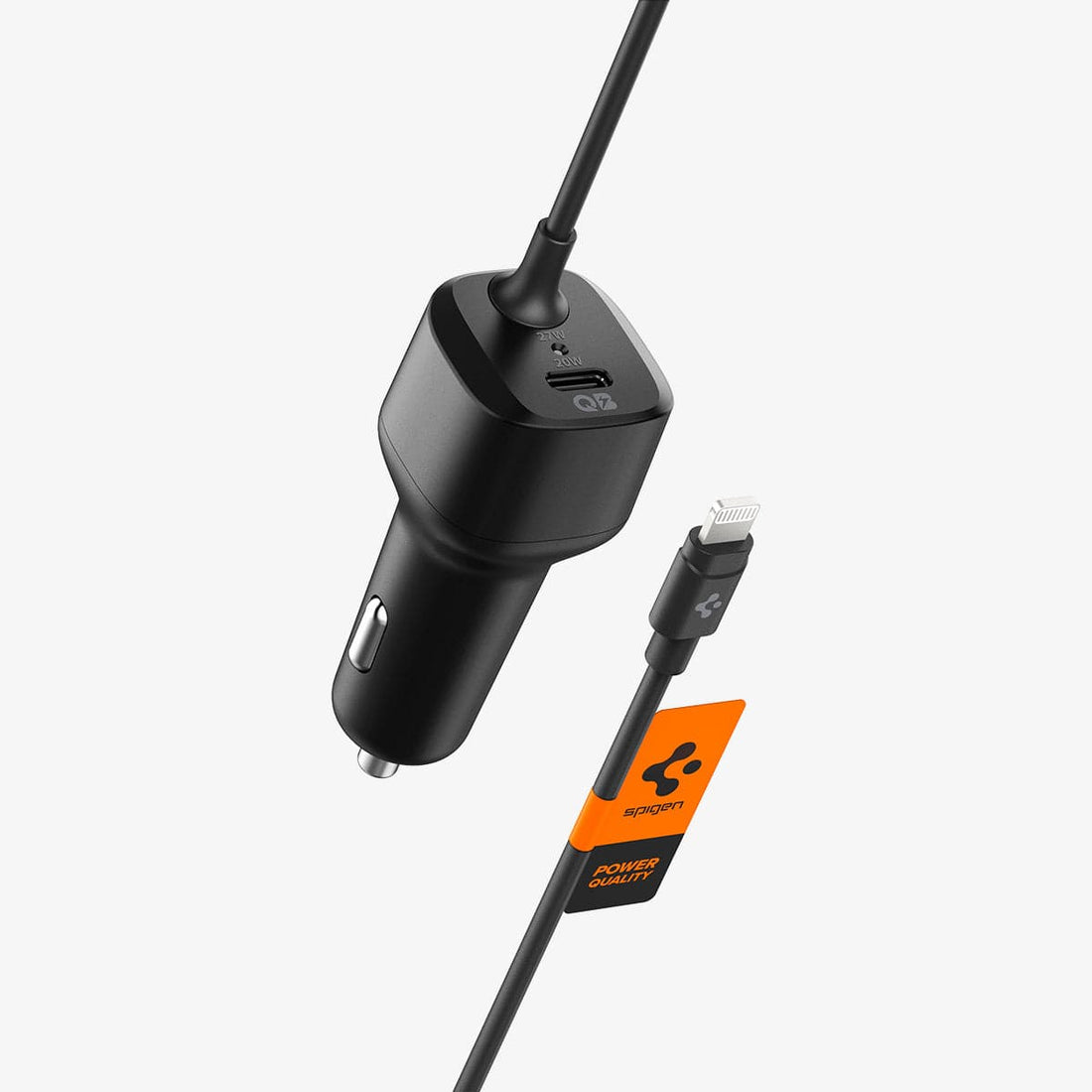 ACP04205 - ArcStationโข Car Charger PC2100 in black showing the front, side and charging cable