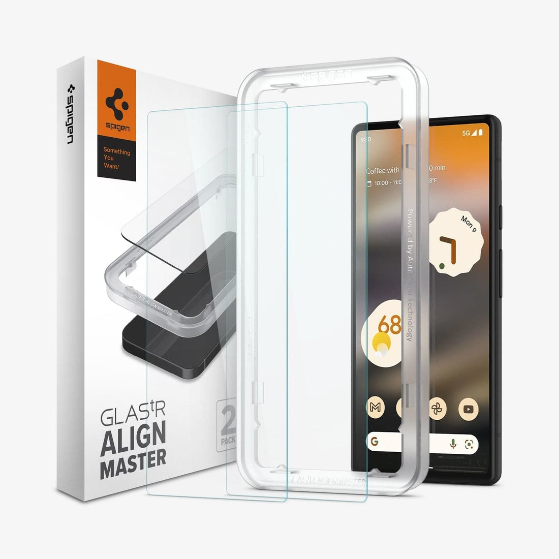 AGL04695 - Pixel 6a Screen Protector Alignmaster showing the device, alignmaster tray, two screen protectors and packaging
