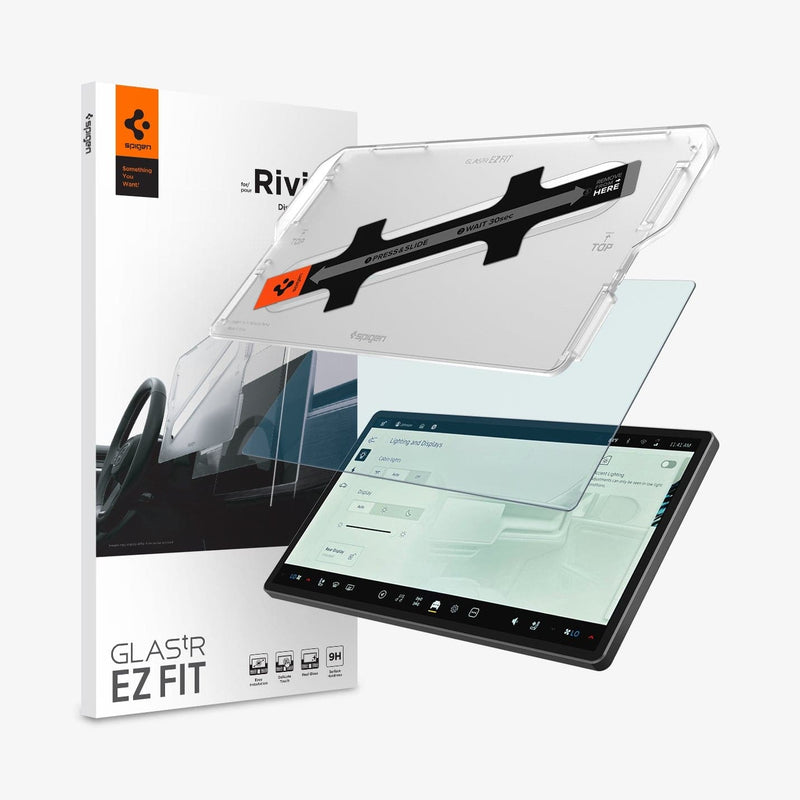 AGL04220 - Rivian R1T / R1S Screen Protector EZ FIT GLAS.tR Anti-Glare showing the touch screen display, screen protector, ez fit tray and packaging