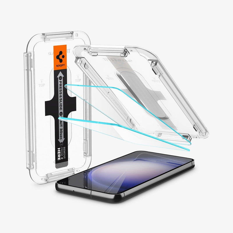 AGL05952 - Galaxy S23 Plus EZ FIT GLAS.tR Screen Protector showing the device, two screen protectors and ez fit tray