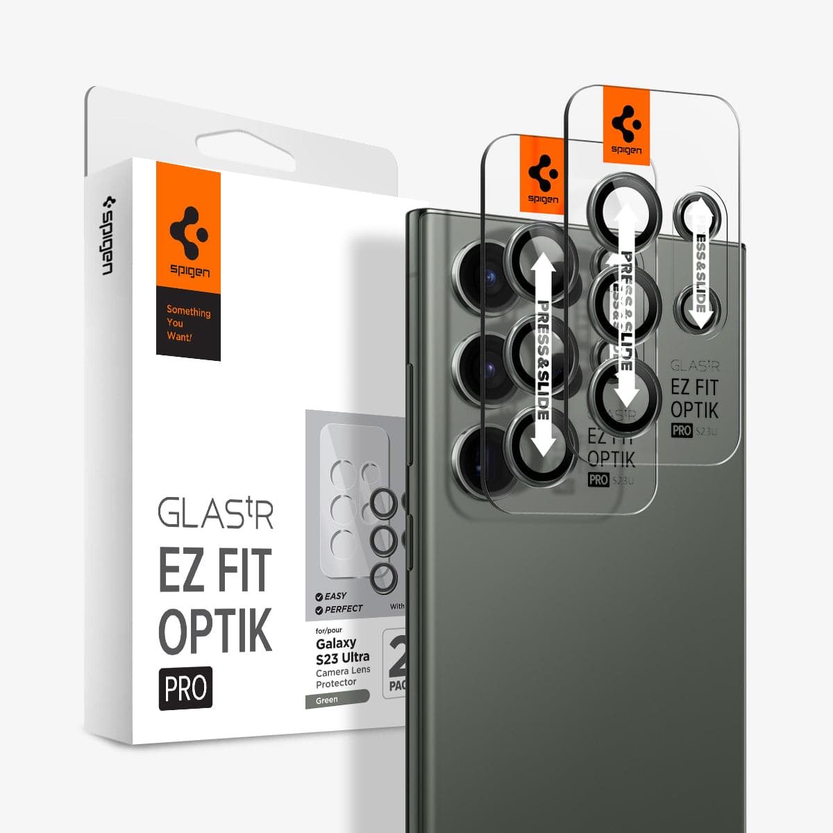 AGL06166 - Galaxy S23 Ultra EZ Fit Optik Pro Lens Protector in green showing the device, two ez fit trays and packaging.