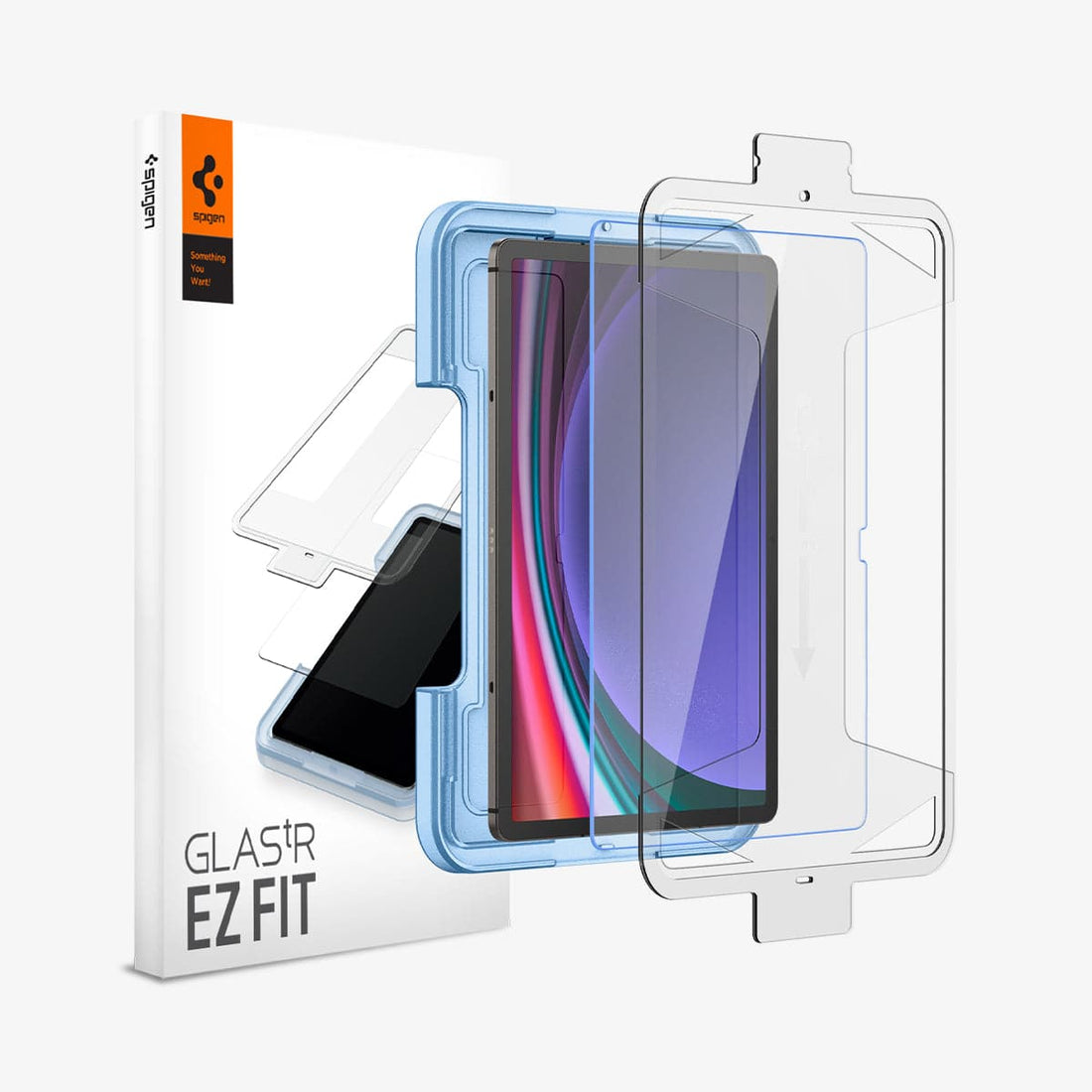 AGL07000 - Galaxy Tab S9 Screen Protector EZ Fit GLAS.tR showing the device, screen protector, ez fit tray and packaging