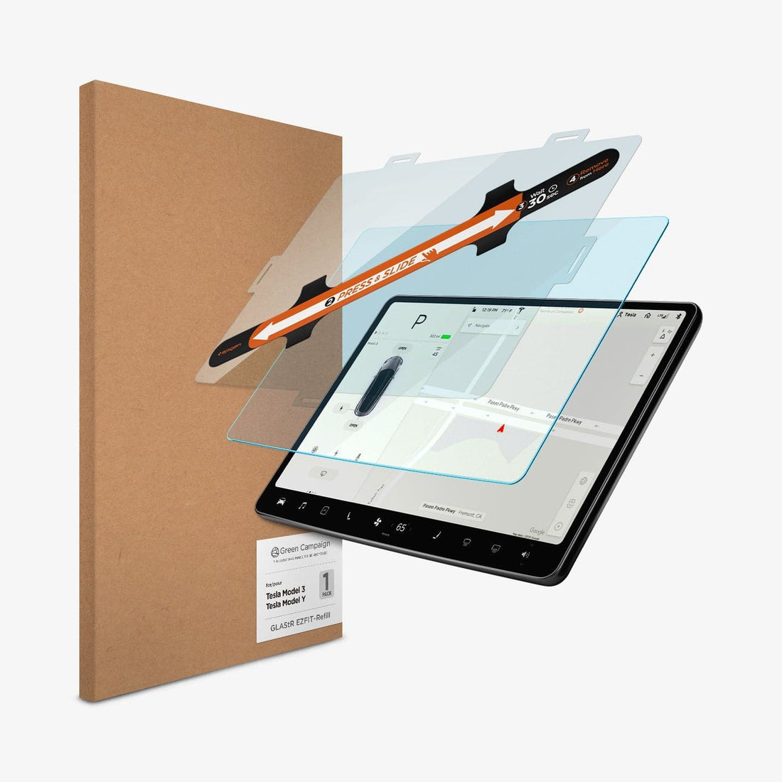 AGL04338 - Tesla Model 3 / Y Screen Protector EZ FIT GLAS.tR Anti-Glare Refill showing the touch screen radio, screen protector, align sticker guide and packaging