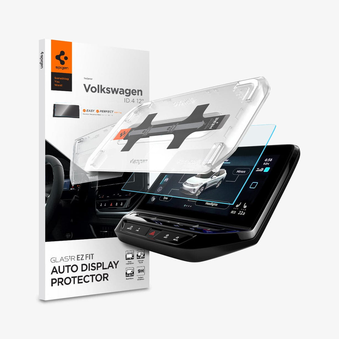 AGL04046 - Volkswagen ID.4 12" Screen Protector EZ FIT GLAS.tR Anti-Glare showing the touch screen display, screen protector, ez fit tray and packaging