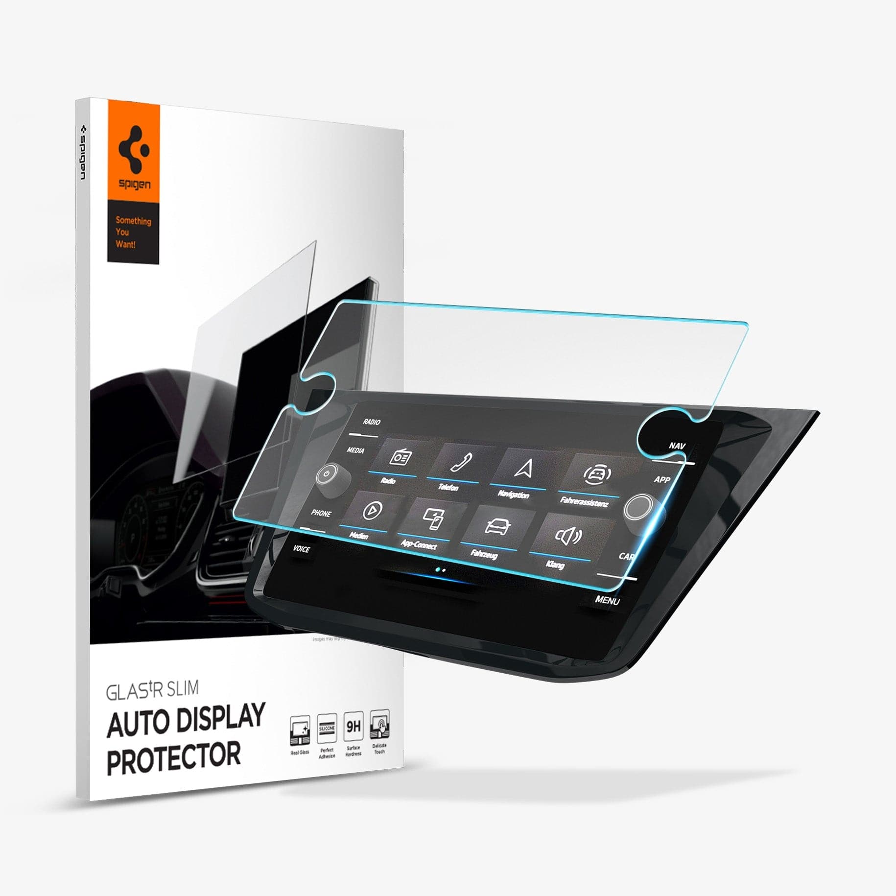 AGL04128 - Volkswagen Tiguan Screen Protector EZ FIT GLAS.tR Anti-Glare showing the touch screen display, screen protector and packaging