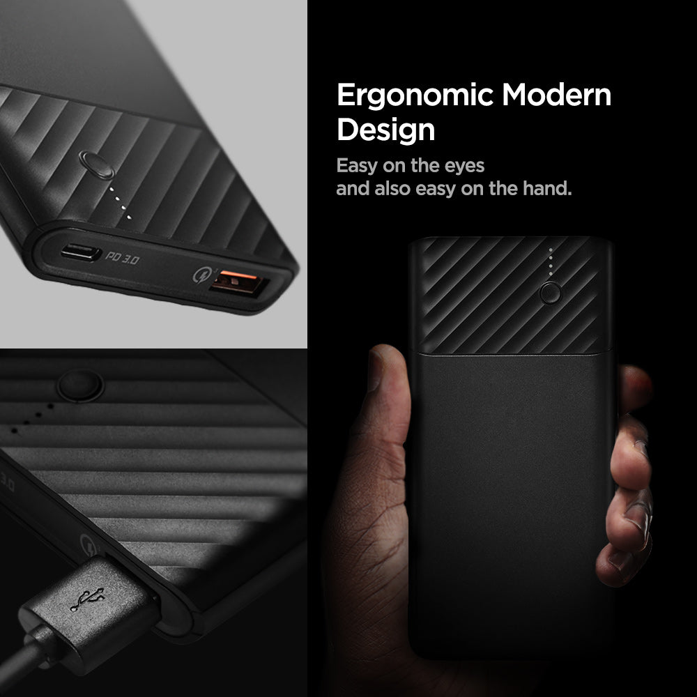 000BA26139 - PocketBoost™ 10,000mAh 18W Portable Charger F732QC in Black showing the Ergonomic Modern Design, Easy on the eyes and also easy on the hand. 