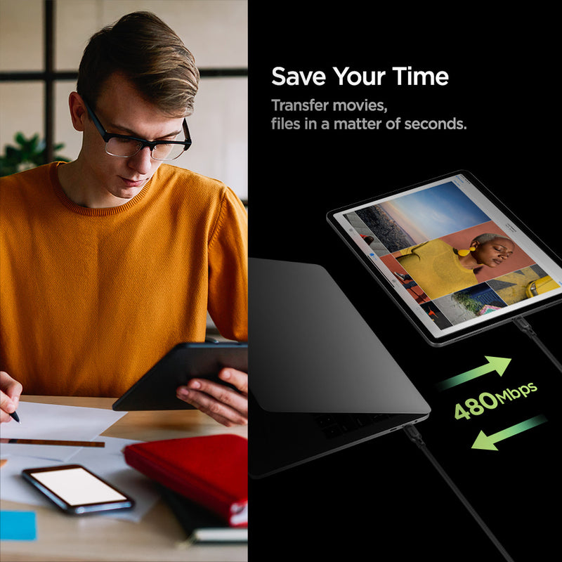 000CA25702 - DuraSync™ USB-C to USB-C 2.0 Cable C11C1 in Black showing the Save Your Time. Transfer movies, files in a matter of seconds with a speed of 480 Mbps