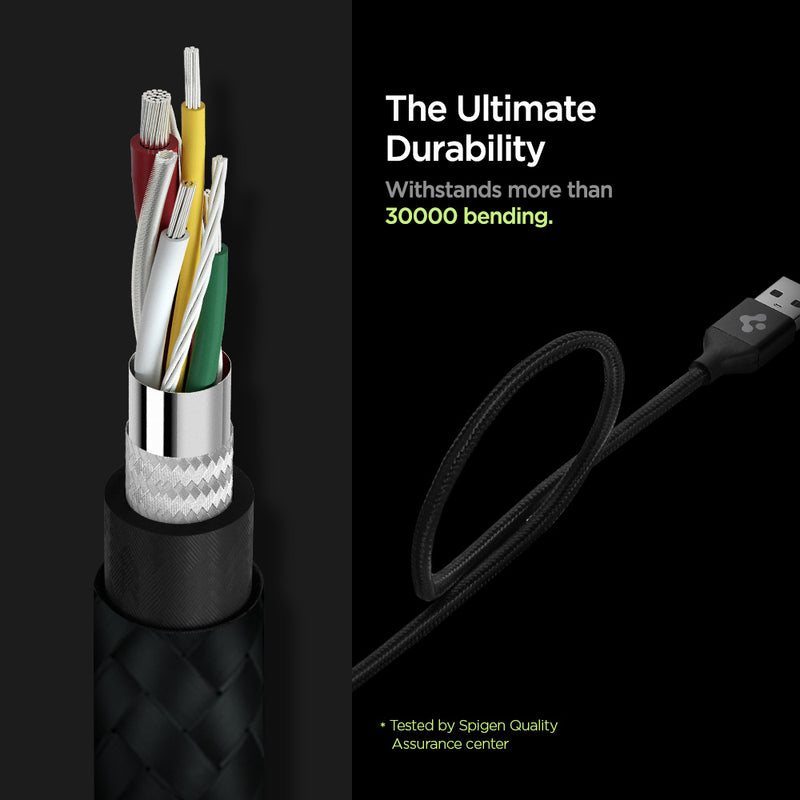 000CB22774 - DuraSync™ 3-in-1 Charger Cable C10i3 in Black showing the The Ultimate Durability Withstands more than 30000 bending. Shows the inner part of a cable wire, it's durability in bending. (Tested by Spigen Quality Assurance center)