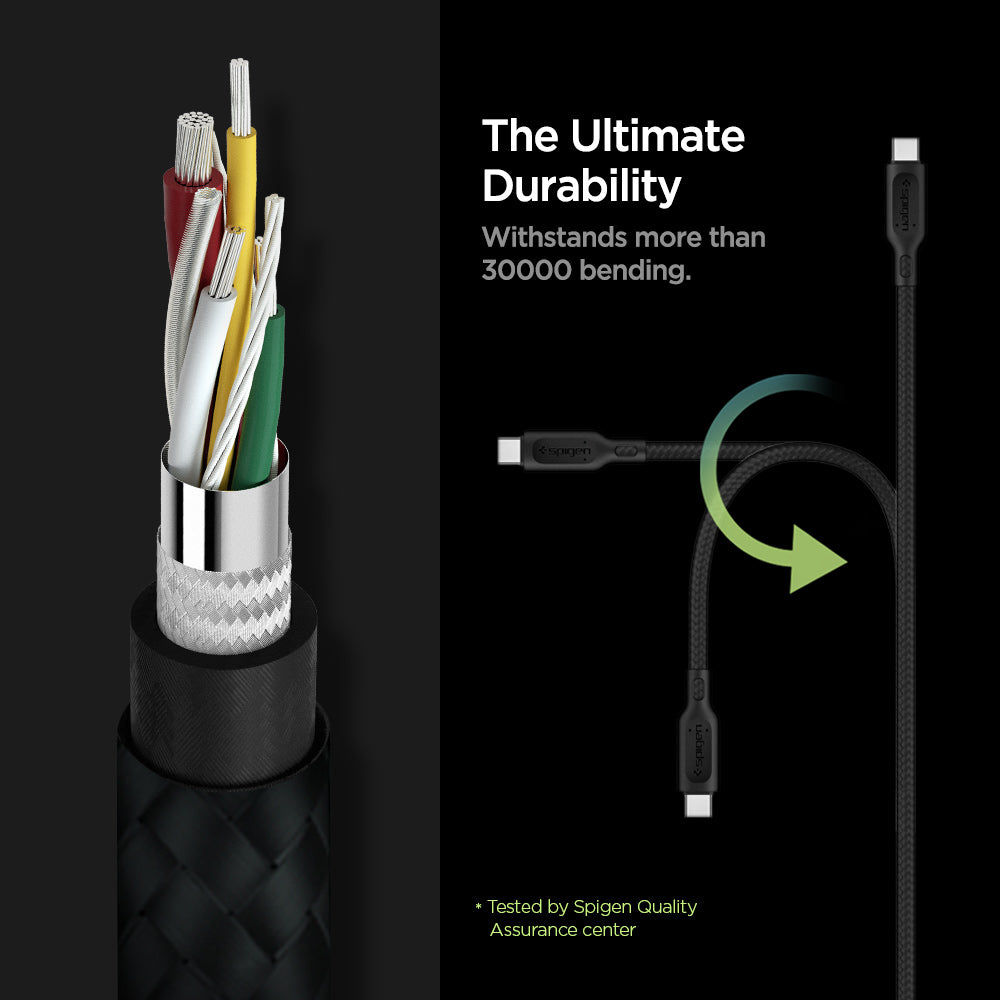 000CA25702 - DuraSync™ USB-C to USB-C 2.0 Cable C11C1 in Black showing the The Ultimate Durability. Withstands more 30000 bending. A cable showing it's durability by bending in three directions. Showing parts of a cable wire. Tested by Spigen Quality Assurance center