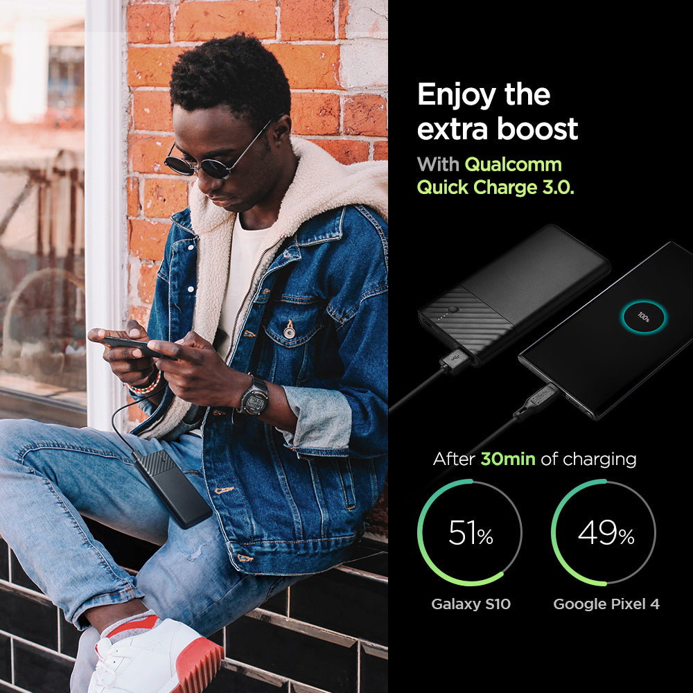 000BA26139 - PocketBoost™ 10,000mAh 18W Portable Charger F732QC in Black showing the Enjoy the extra boost With Qualcomm Quick Charge 3.0. After 30 min of charging Galaxy S10(51%) while Google Pixel 4 (49%). A man holding a device while charging on a portable charger