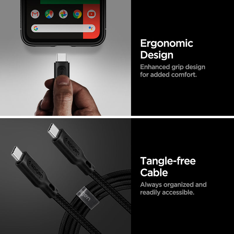 000CA25702 - DuraSync™ USB-C to USB-C 2.0 Cable C11C1 in Black showing the Ergonomic Design. Enhanced grip design for added comfort. Tangle-free Cable. Always organized and readily accessible. Showing a single charger head while a hand was holding it and 2 charging heads on the other side
