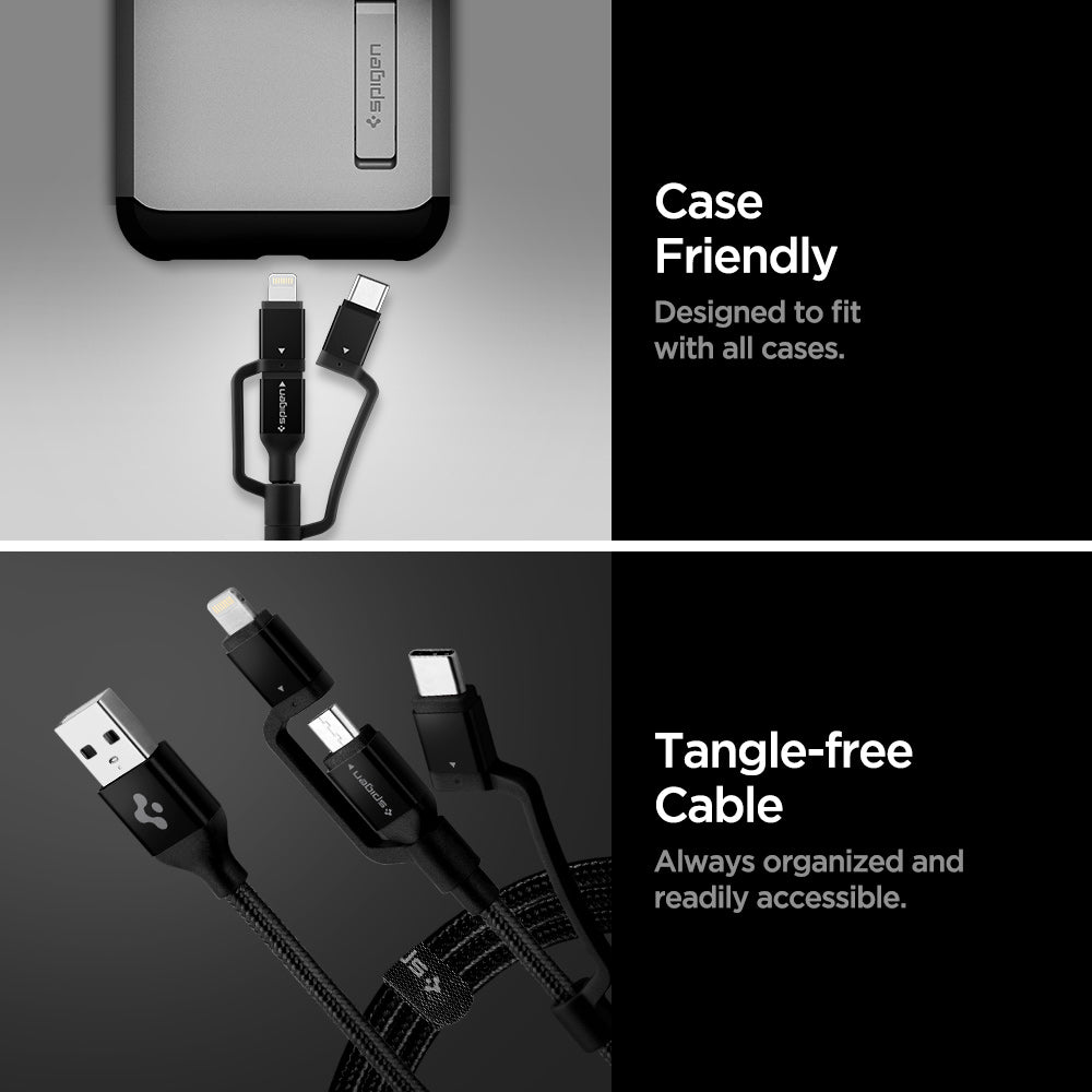 000CB22774 - DuraSync™ 3-in-1 Charger Cable C10i3 in Black showing the Case Friendly. Designed to fit. Will all cases. Tangle-free Cable, always organized and readily accessible. 