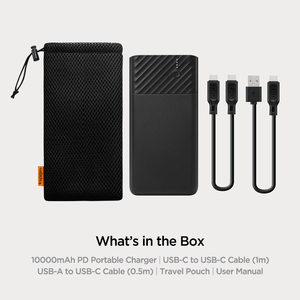 000BA26139 - PocketBoost™ 10,000mAh 18W Portable Charger F732QC in Black showing the What's in the Box a 10000mah PD Portable Charger, USB-C Cable (1m) USB-A to USB-C Cable (0.5m), Travel Pouch and User Manual