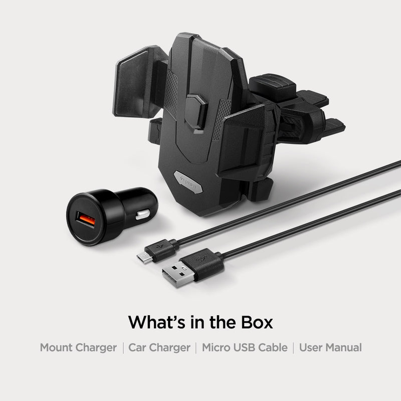 000CP25520 - SteadiBoost™ CD Slot Car Mount X35W in Black showing the What's in the Box, Mount Charger, Car Charger, Micro USB Cable and User Manual