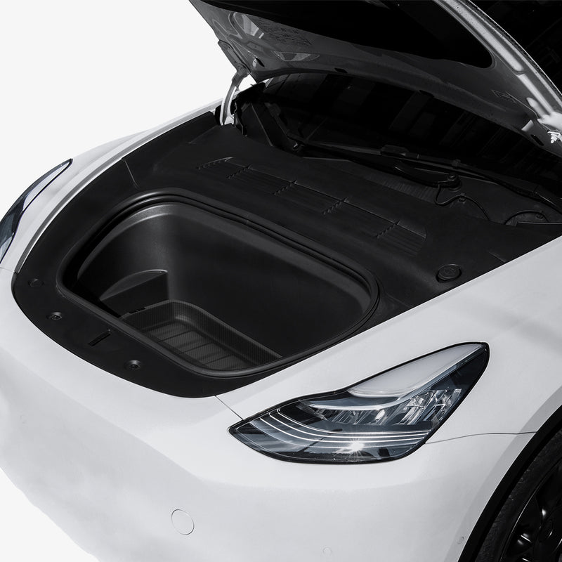 ACP06529 - Tesla Model Y Front Trunk Mat TL10-Y in Black showing the partial front installed inside a car's front trunk