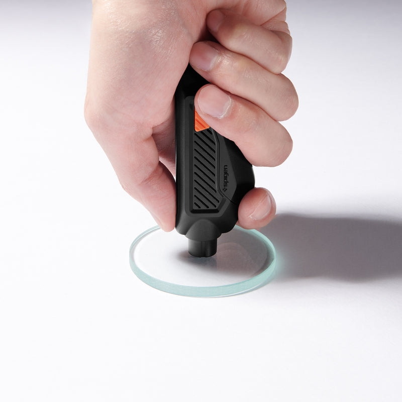 ACP06988 - Car Escape Tool in Black showing a hand holding a car tool pressed against a sample glass