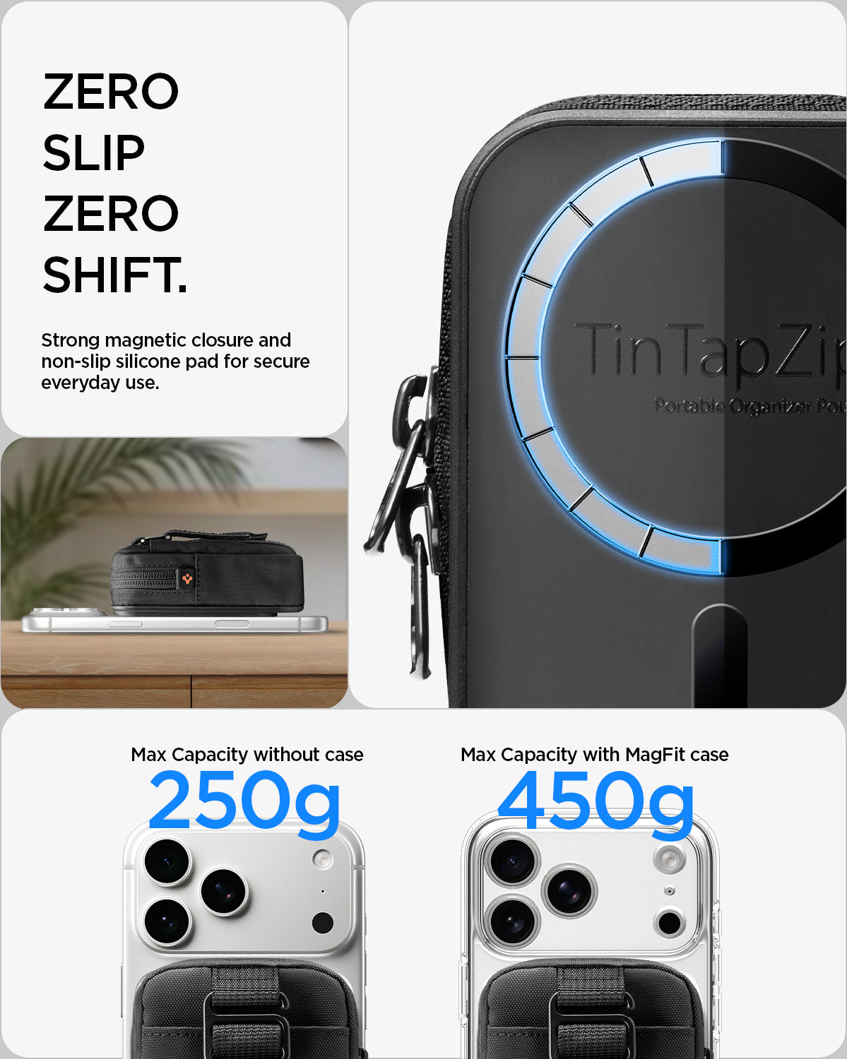 AFA11564 -  Portable Organizer Pouch Tintap Zip Mag Fit 2 in Black showing zero slip zero shift.