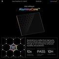 AGL11652 - PowerShot G7 X Mark III Glas.tR SLIM showing AluminaCore technology infographic with a floating glass protector featuring hexagonal pattern, highlighting 10x stronger than tempered glass, military grade drop test pass, and 10H surface hardness