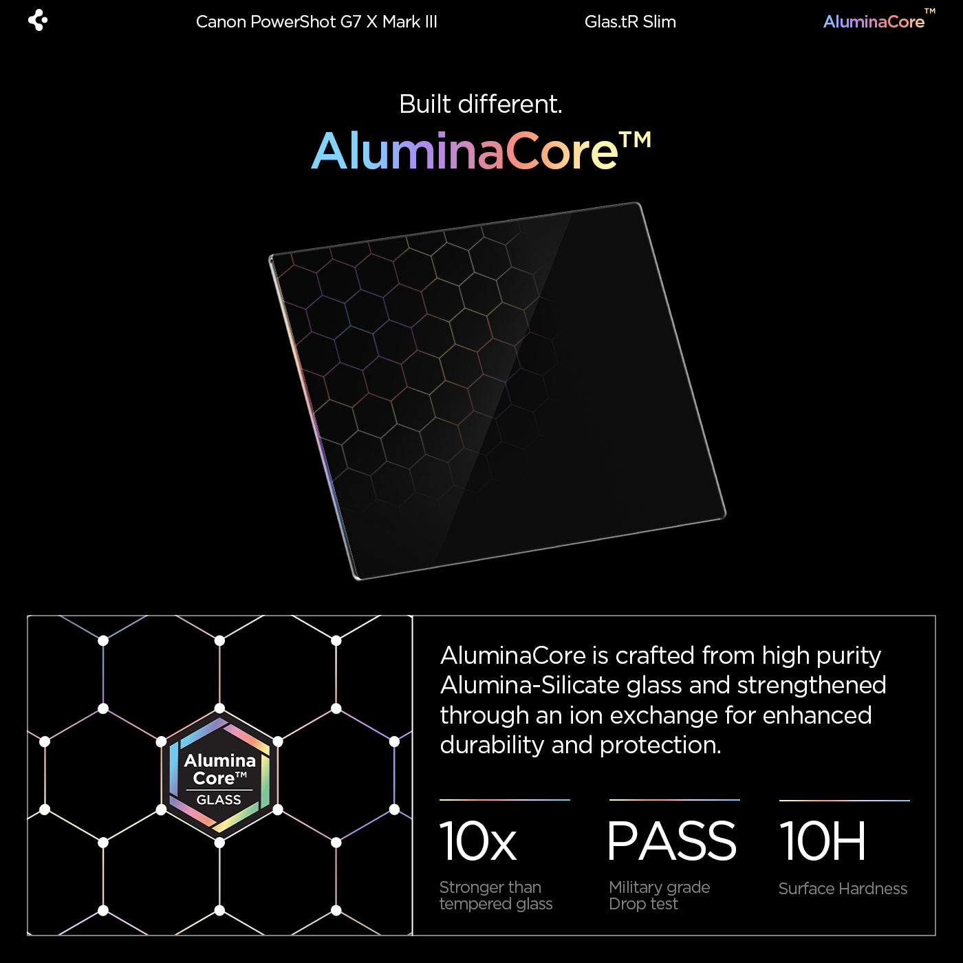 AGL11652 - PowerShot G7 X Mark III Glas.tR SLIM showing AluminaCore technology infographic with a floating glass protector featuring hexagonal pattern, highlighting 10x stronger than tempered glass, military grade drop test pass, and 10H surface hardness