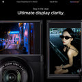 AGL11652 - PowerShot G7 X Mark III Glas.tR SLIM showing ultimate display clarity feature with a close-up split view of the Canon PowerShot G7 X Mark III flip screen displaying vivid city and portrait photography through the glass protector