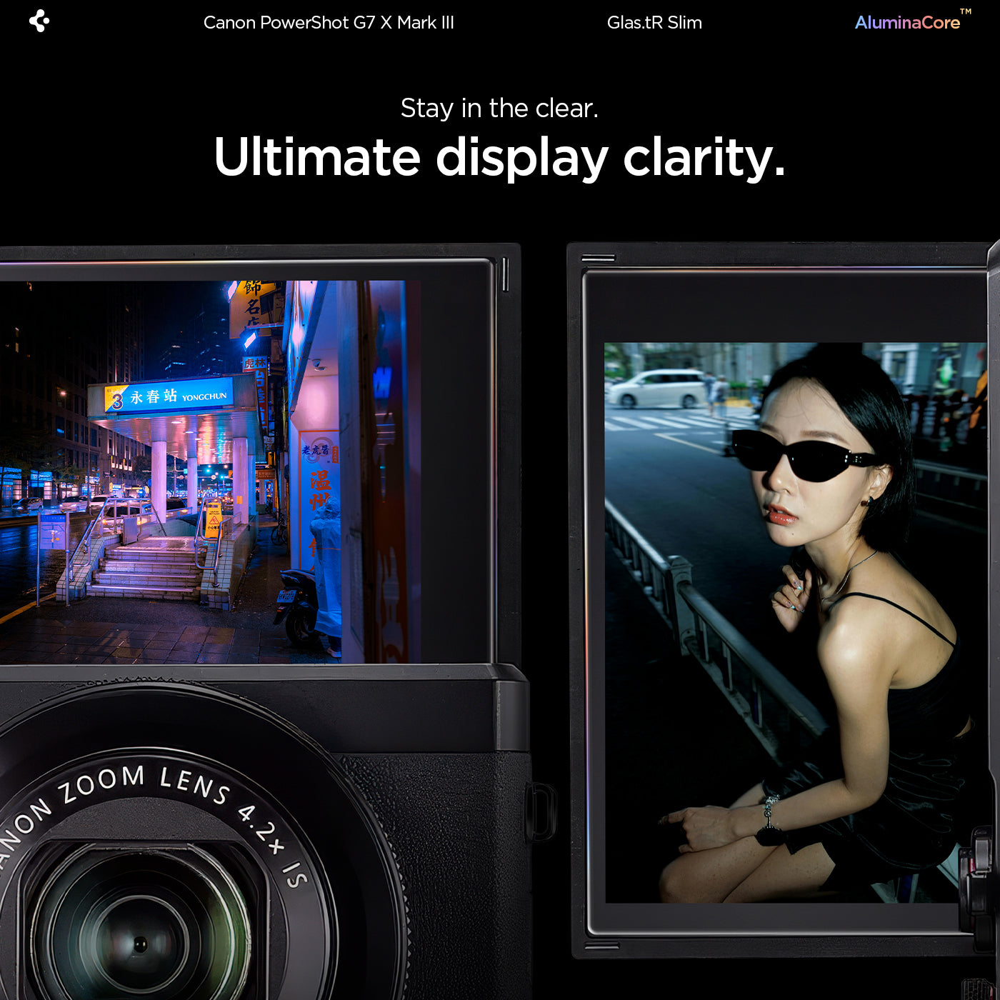 AGL11652 - PowerShot G7 X Mark III Glas.tR SLIM showing ultimate display clarity feature with a close-up split view of the Canon PowerShot G7 X Mark III flip screen displaying vivid city and portrait photography through the glass protector