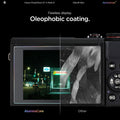 AGL11652 - PowerShot G7 X Mark III Glas.tR SLIM showing oleophobic coating comparison between AluminaCore and other screen protectors on the Canon PowerShot G7 X Mark III rear display, with the AluminaCore side showing a clear image versus fingerprint smu