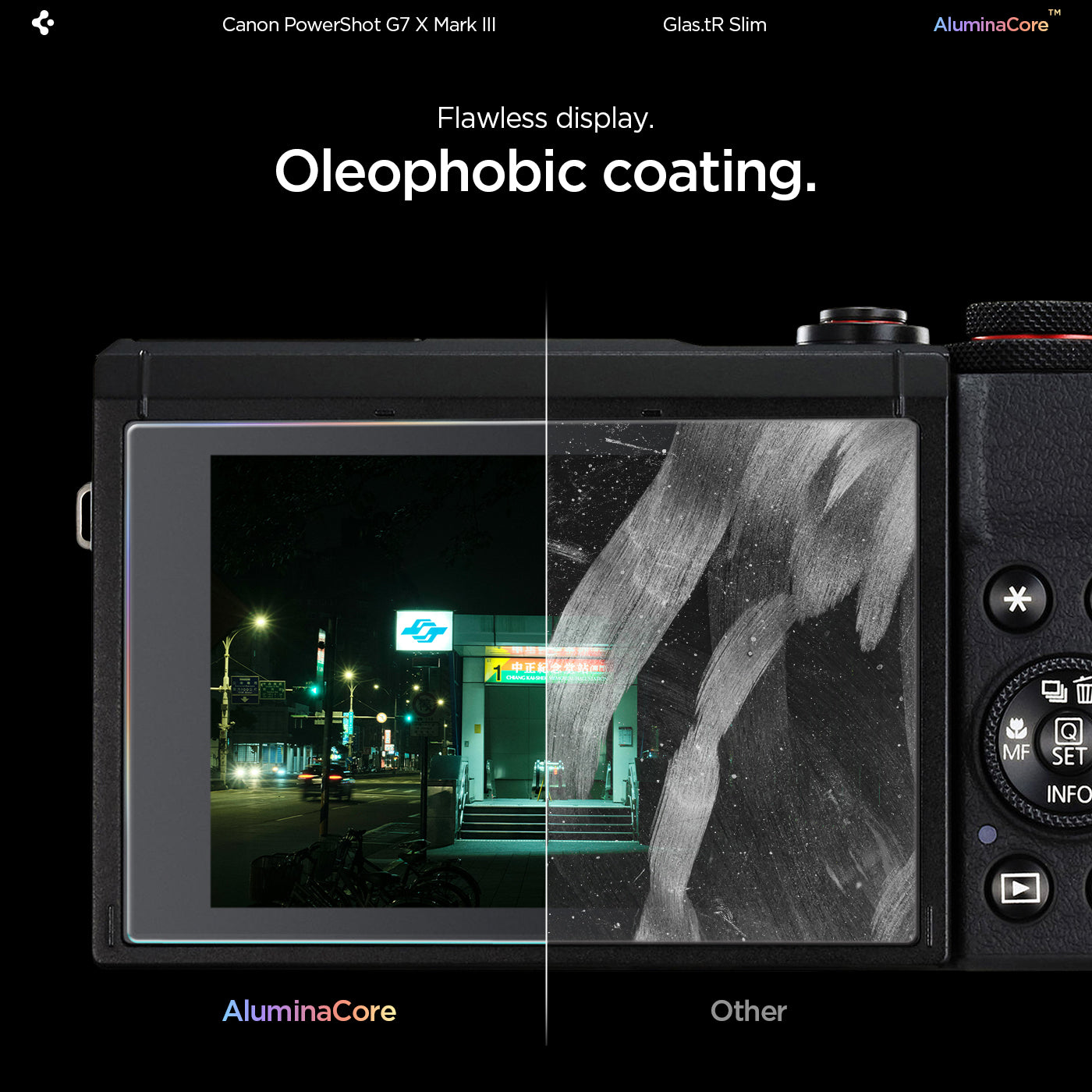 AGL11652 - PowerShot G7 X Mark III Glas.tR SLIM showing oleophobic coating comparison between AluminaCore and other screen protectors on the Canon PowerShot G7 X Mark III rear display, with the AluminaCore side showing a clear image versus fingerprint smu