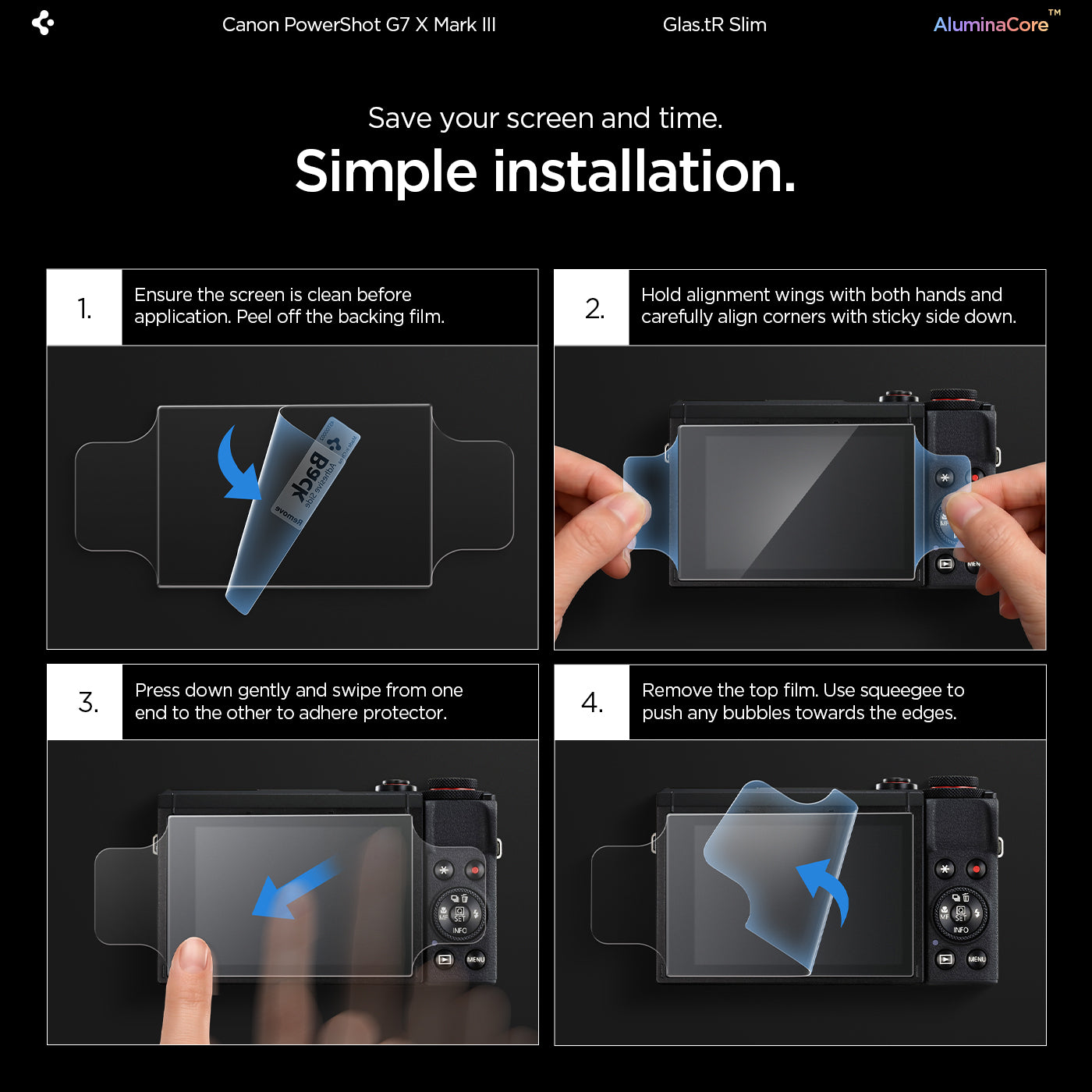 AGL11652 - PowerShot G7 X Mark III Glas.tR SLIM showing a 4-step simple installation guide for applying the Glas.tR Slim screen protector onto the Canon PowerShot G7 X Mark III camera display