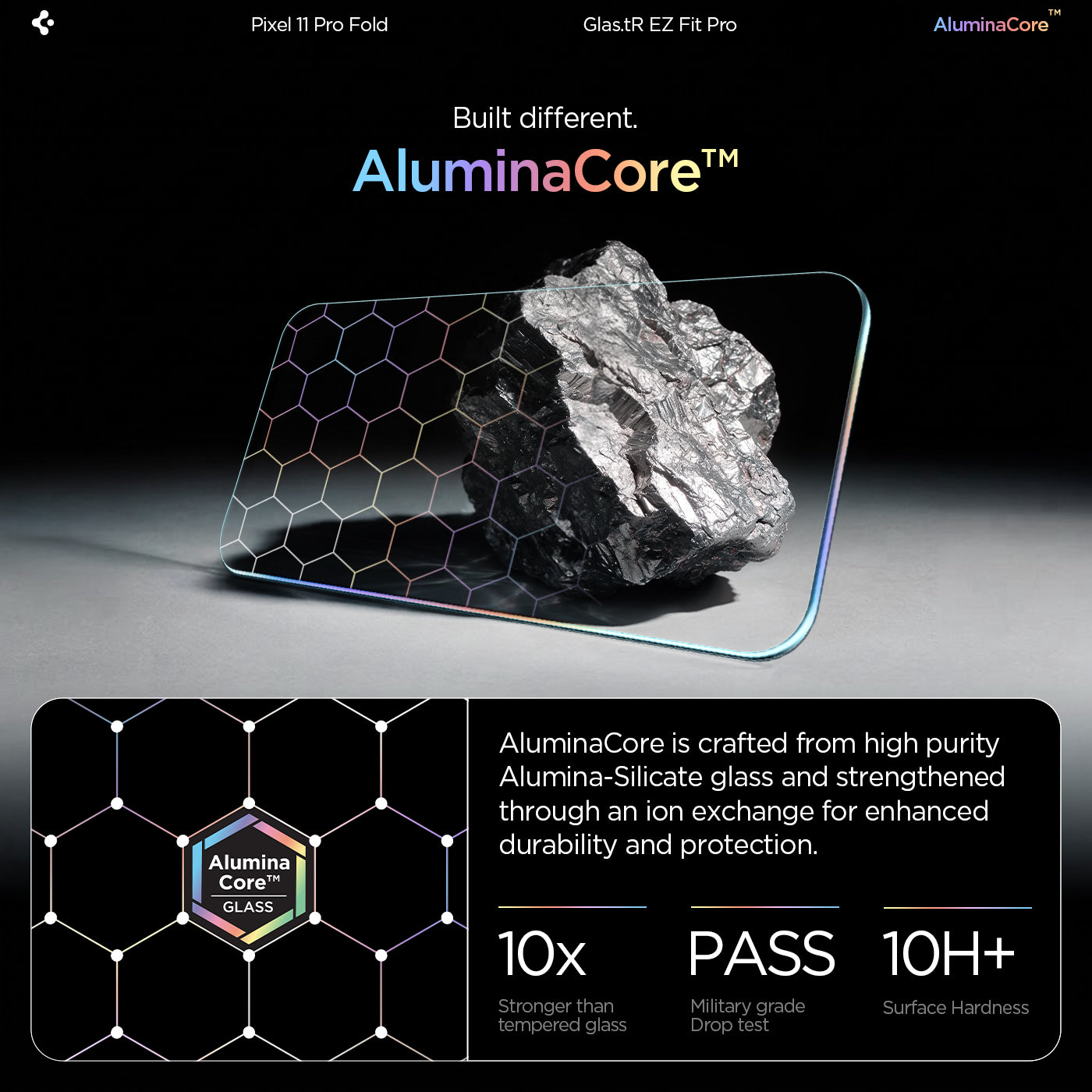 AGL11490 - Pixel 11 Pro Fold GLAS.tR EZ Fit Pro AluminaCore glass illustration highlighting alumina-silicate glass construction, ion exchange strengthening, 10x stronger durability, military-grade drop test performance, and 10H+ surface hardness.