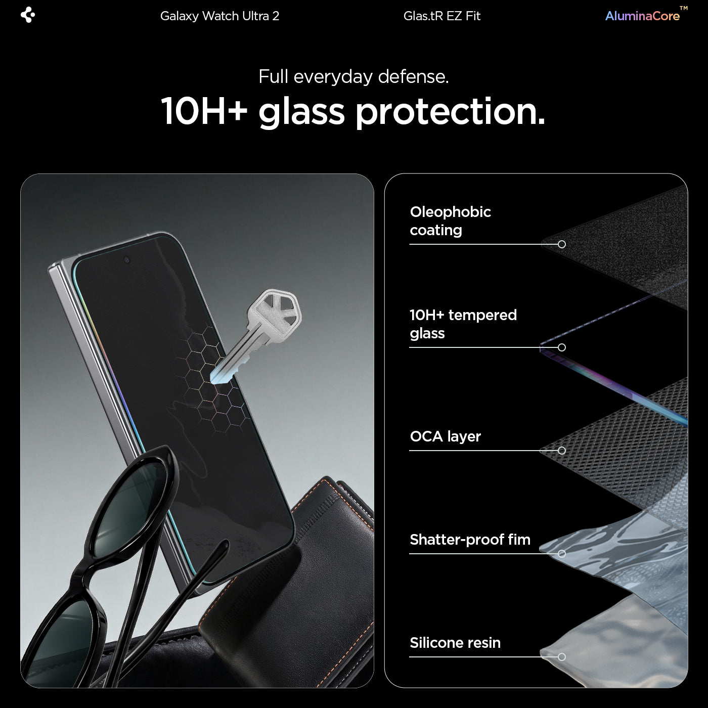 AGL11490 - Pixel 11 Pro Fold GLAS.tR EZ Fit Pro cross-sectional diagram showing the oleophobic coating, 10H+ tempered glass, OCA layer, shatter-proof film, and silicone resin construction.